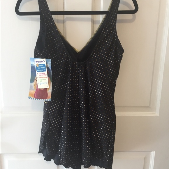 Vintage One piece bathing suit w gold polka dots and trim 1990's - Picture 4 of 6